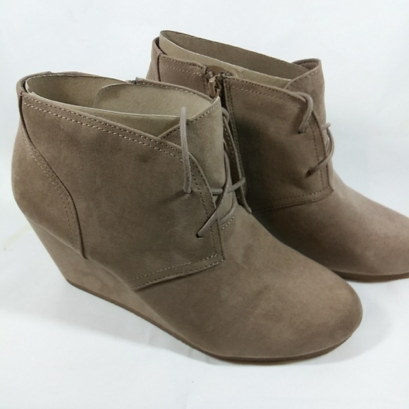 Beige Ankle Bootie Suede Wedge Heels - Picture 1 of 5